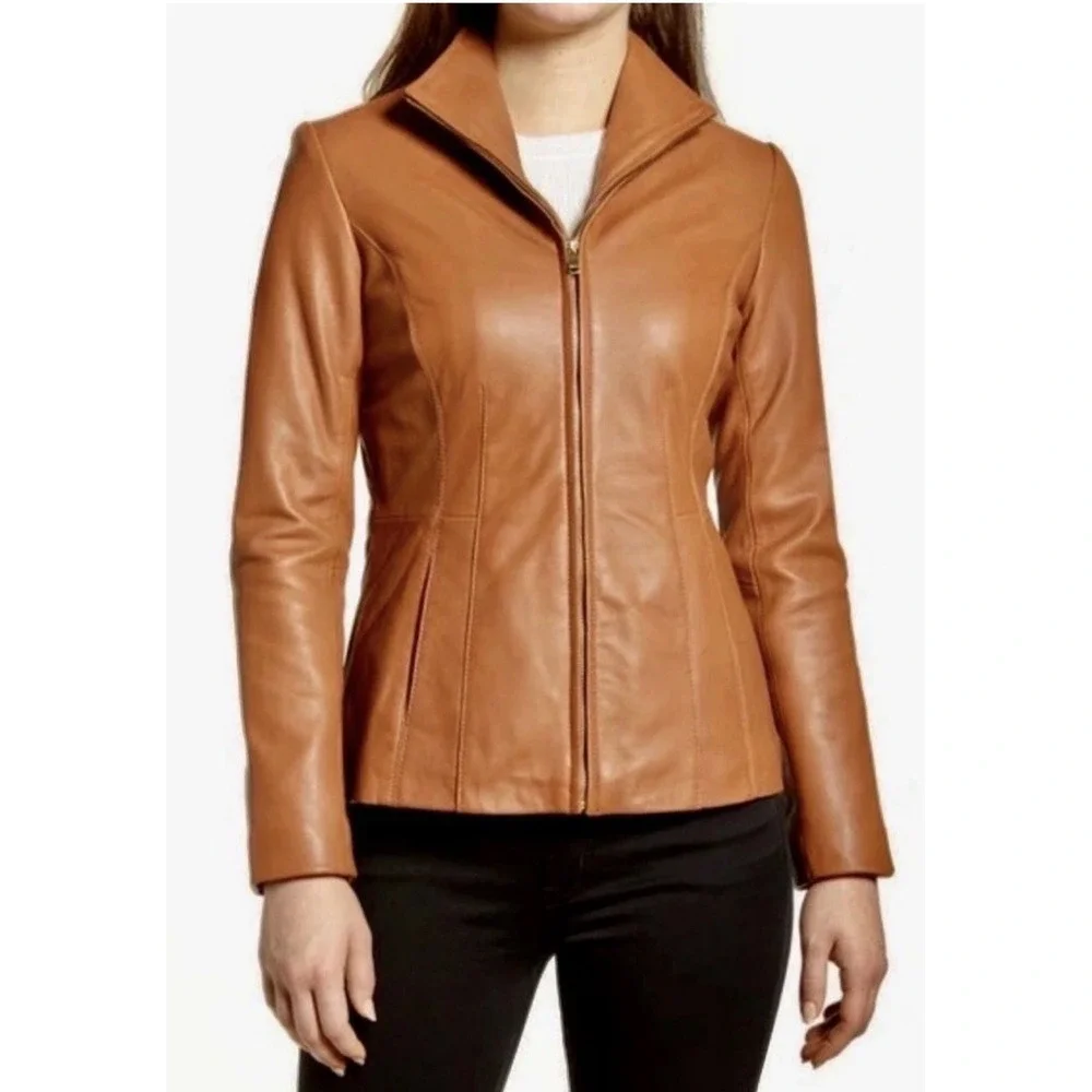 COLE HAAN 100%‎ Lambskin Leather Wing Collar Zip Jacket Camel Beige Women Sz 14